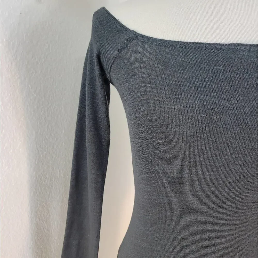 ARITZIA WILFRED FREE Olivia Charcoal Gray Off Shoulder Bodycon Dress Long Sleeve